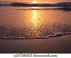 Lapping Waves of a Sunset Beach, High Angle View