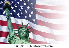 Digital composite: American flag and the Statue of Liberty