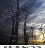 Three spires of Air Force Memorial reflected in marble engraved plaque in Arlington Virginia
