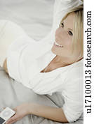 mulher, com, música, player.