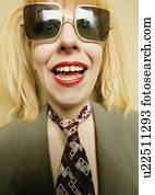 A woman with square glasses