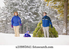 Family pulling Christmas tree and toddler