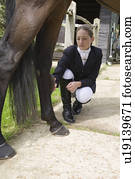 menina, aparência, cavalo, perna, ao ar livre