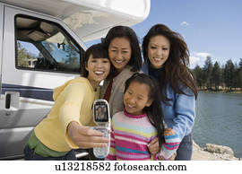 three-generations, ......的, 婦女, 拍攝, selves, 外面, rv, 在, 湖