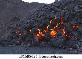 Glowing molten volcanic rock of Eyjafjallajokull, Fimmvorduhals, Iceland