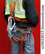 vista traseira, de, local, trabalhador, em, segurança, couraça, com, cinto ferramenta