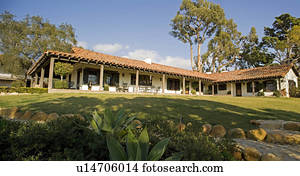 Exterior of Spanish style home and landscape