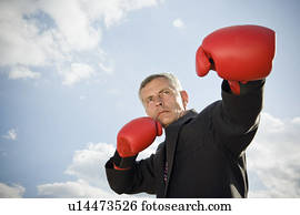 homem negócios, desgastar, boxe, gloves.