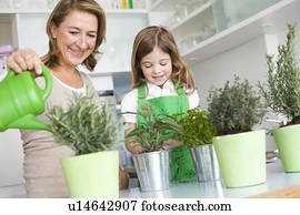 filha, e, mãe, aguando, ervas