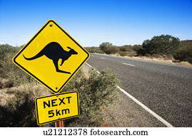 sinal cruzamento canguru, por, estrada, em, rural, Australia.