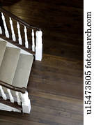 Aerial view traditional carpeted staircase and hardwood floor