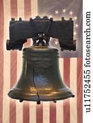Liberty Bell and American flag with thirteen stars