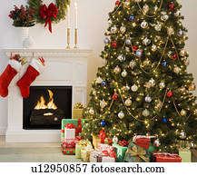 Chimenea, adornado, para, medias de navidad, y, árbol Foto | 356de