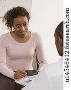 executiva, discutir, paperwork, com, coworker