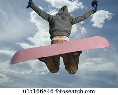 laag hoek overzicht, van, snowboarder, springt