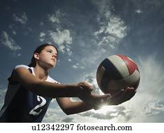 niedrige winkelsicht, von, volleyballspieler