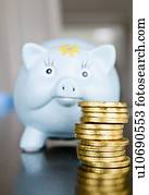 A pile of money and a piggy bank.