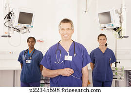 um, retrato, de, três, doutores, sorrindo