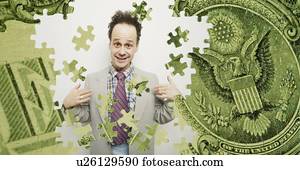 Composite of a US dollar bill and a goofy business man