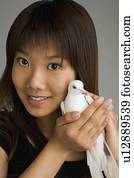 um, mulher segura, um, pomba