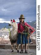 peruano, mulher, com, dela, lhama, (Lama, glama), cuzco, peru