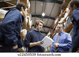 gerente, e, trabalhadores, em, armazém