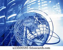 Globe and image of stock market, CG, composition, toned image Globe and image of stock market, CG, composition, toned image