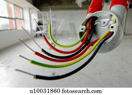 elétrico, fios, penduradas, de, a, teto, de, um, renovado, armazém, predios