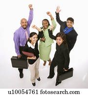 retrato, de, multi-ethnic, empresa / negocio, grupo, posición, tenencia, maletines, y, cheering.