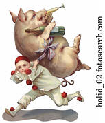 humorístico, vitoriano, ano novo, Illustration