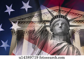 Digital composite: Statue of Liberty and Supreme Court Building 