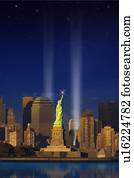 World Trade Center Light Memorial behind Statue of Liberty